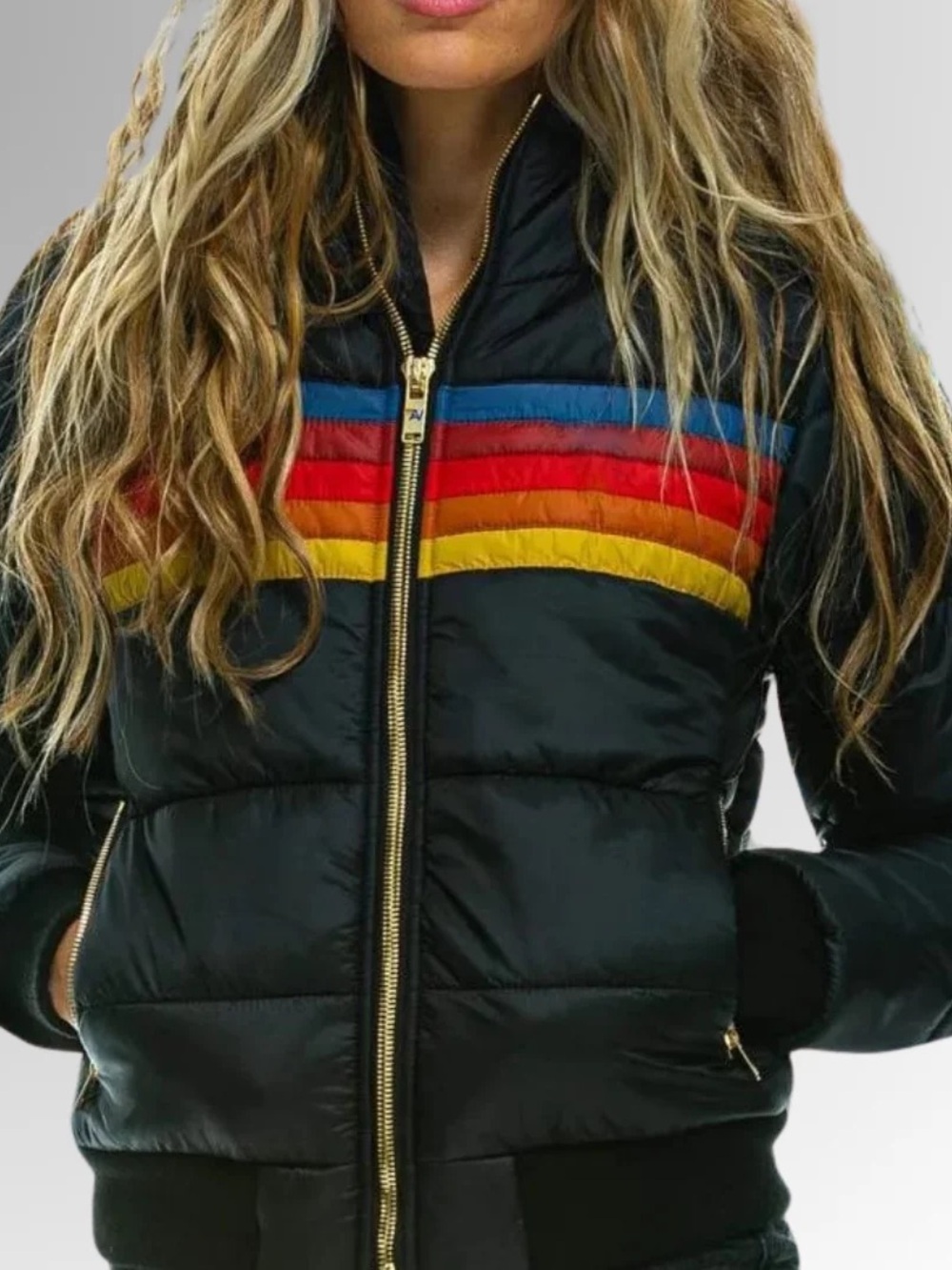 Aviator Nation Black Puffer Jacket with Rainbow Chest Stripes